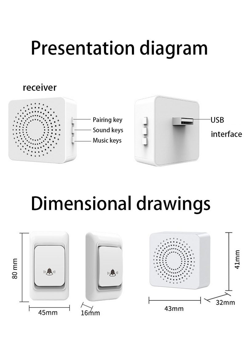 Wireless Waterproof Doorbell with Long Range, Adjustable Volume, USB Port, Multiple Chimes for Home and Office