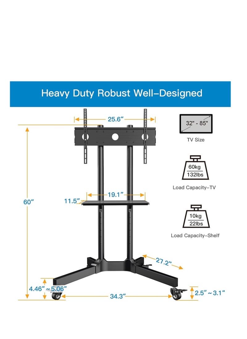 DG60B FS Mobile/Rolling TV Cart with Lockable Wheels, Floor TV Stand for 32-75 Inch LED & LCD Screens, Trolley with Camera Rack, Holds Up to 50 Kg – Strong, Adjustable & Portable