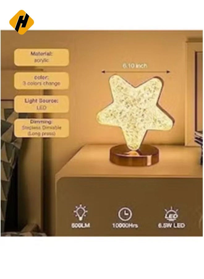 Star Lamp Cute Night Light for Kids – Acrylic Crystal Desktop Lamp, Cordless Rechargeable, Stepless Dimmable Touch Control