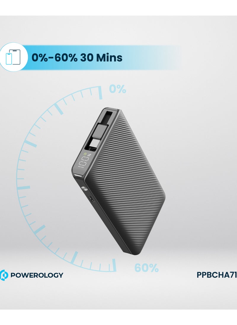 10000mAh Power Bank PD22W with 70cm Retractable Cable / Simultaneous Charging / Fast Charging / LED Display / USB-C Output & Input - Black