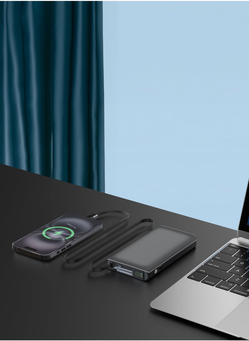 10000mAh Power Bank PD22W with 70cm Retractable Cable / Simultaneous Charging / Fast Charging / LED Display / USB-C Output & Input - Black