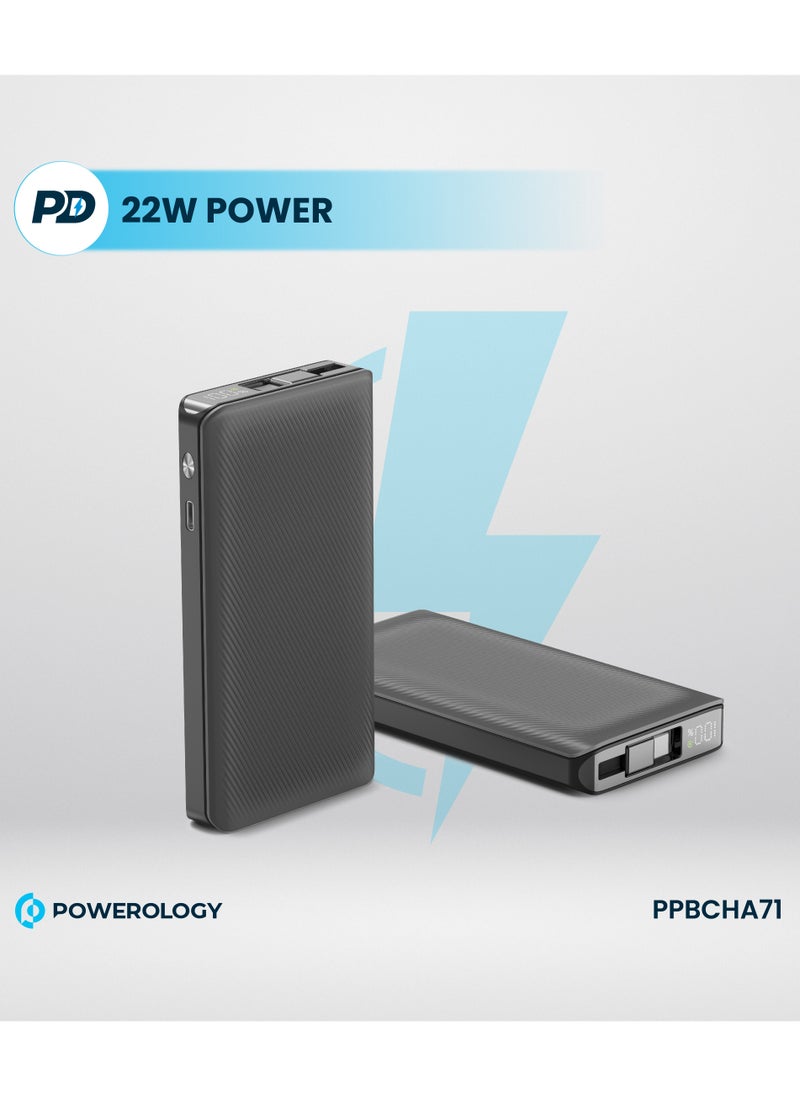 10000mAh Power Bank PD22W with 70cm Retractable Cable / Simultaneous Charging / Fast Charging / LED Display / USB-C Output & Input - Black