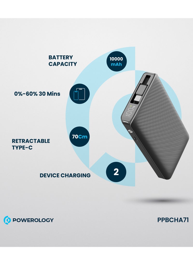 10000mAh Power Bank PD22W with 70cm Retractable Cable / Simultaneous Charging / Fast Charging / LED Display / USB-C Output & Input - Black
