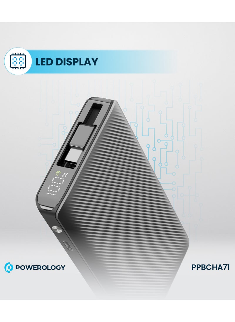 10000mAh Power Bank PD22W with 70cm Retractable Cable / Simultaneous Charging / Fast Charging / LED Display / USB-C Output & Input - Black