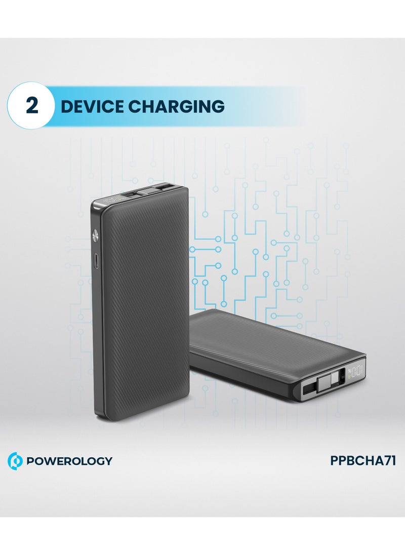 10000mAh Power Bank PD22W with 70cm Retractable Cable / Simultaneous Charging / Fast Charging / LED Display / USB-C Output & Input - Black
