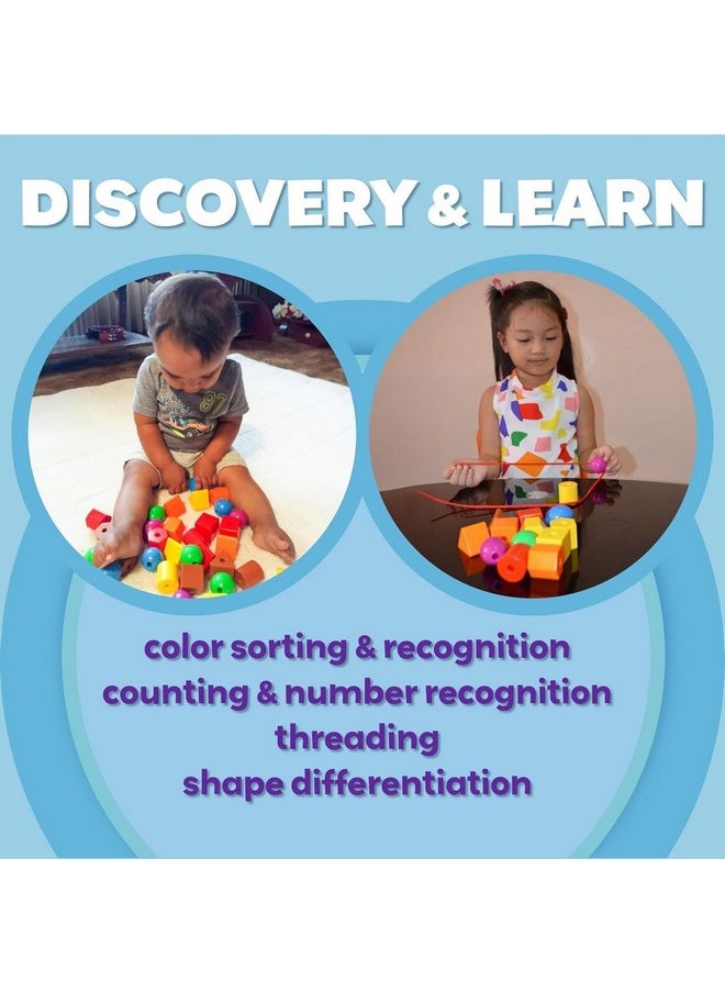 Rainbow Stringing Beads For Toddlers 46 Pcs | String Beads With Strings, Pipe Cleaners And Bag | Montessori Toys Occupational Therapy