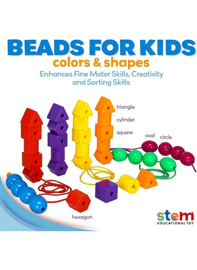 Rainbow Stringing Beads For Toddlers 46 Pcs | String Beads With Strings, Pipe Cleaners And Bag | Montessori Toys Occupational Therapy