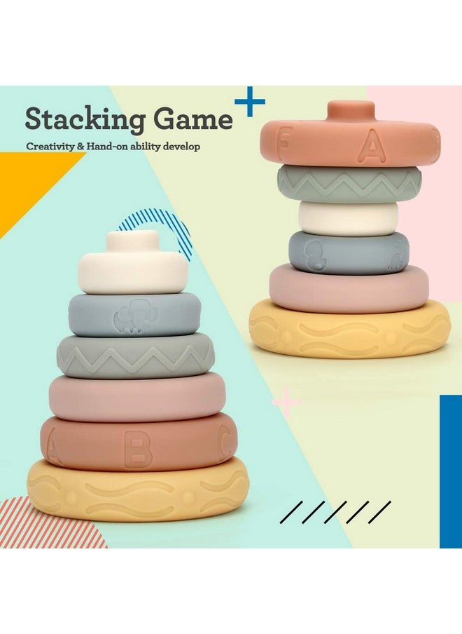 6 Pcs Baby Stacking & Nesting Toys, Soft Stacking Blocks Ring Stacker, Baby Sensory Teether Toys With Letter, Animal And Shape, Early Learning Toys For Babies Toddlers Kids 6 Months