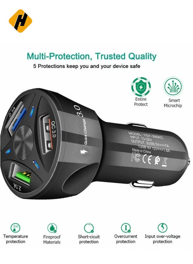 4 Port Car Charger USB Adapter, MoreChioce 12-24V Car Charger Adapter Universal USB Car Charger Compatible with Mobile Phones Tablets Other USB Accessories, Black