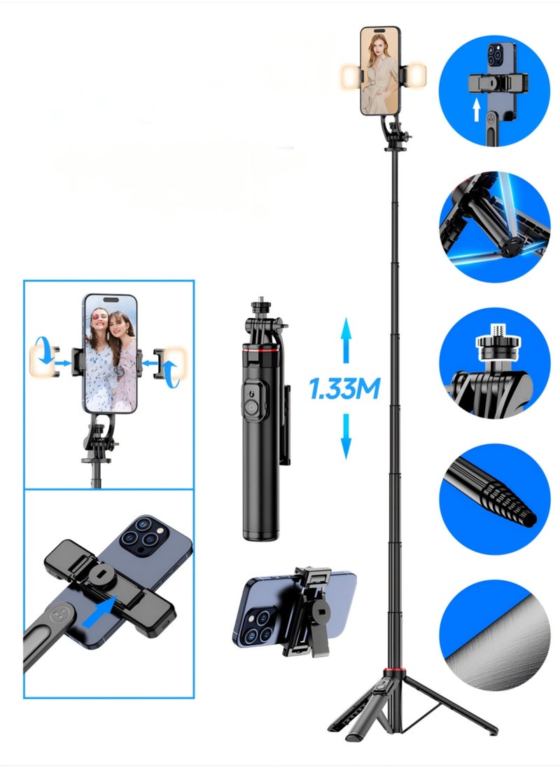 53‘’Selfie Stick Tripod with fill light, Extendable Aluminum Tripod with Rechargeable Bluetooth Remote, Compatible with iPhone and Android Smartphones, Perfect for Travel, Vlog, Video and Photo