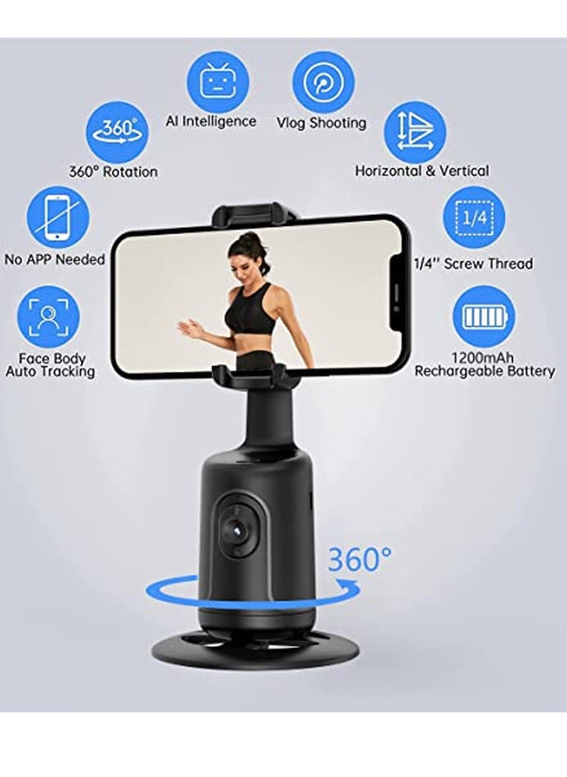 Auto Face Tracking Tripod Mount, 360 Rotation Phone Camera Mount Stabalizer, Battery Operated Smart Shooting Holder for Live Vlog Tutorial - Black