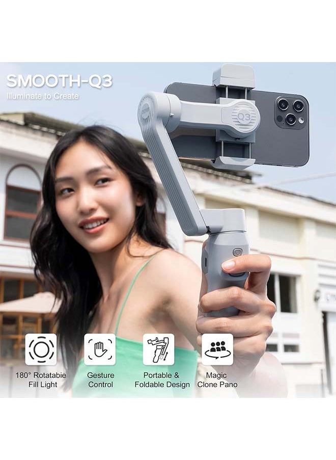 Zhiyun Smooth Q3, 3-Axis Gimbal Stabilizer for Smartphone with Fill Light and Tripod, Auto Inception Dolly-Zoom Time-Lapse, Portable and Foldable, Gesture Control, Android and iPhone Gimbal