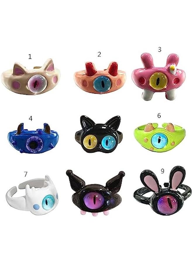 9pcs Y2K Cartoon Little Monsters Eyeball Ring Funny Resin Open Finger Ring Cute Couple Knuckle Ring Party Jewelry