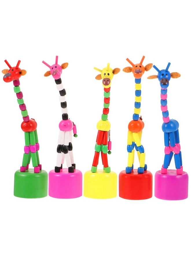 5Pcs Wooden Giraffe Figurine Toy Dancing Rocking Giraffe Finger Puppets Push Up Toys For Boys Kids Girls (Random Style)