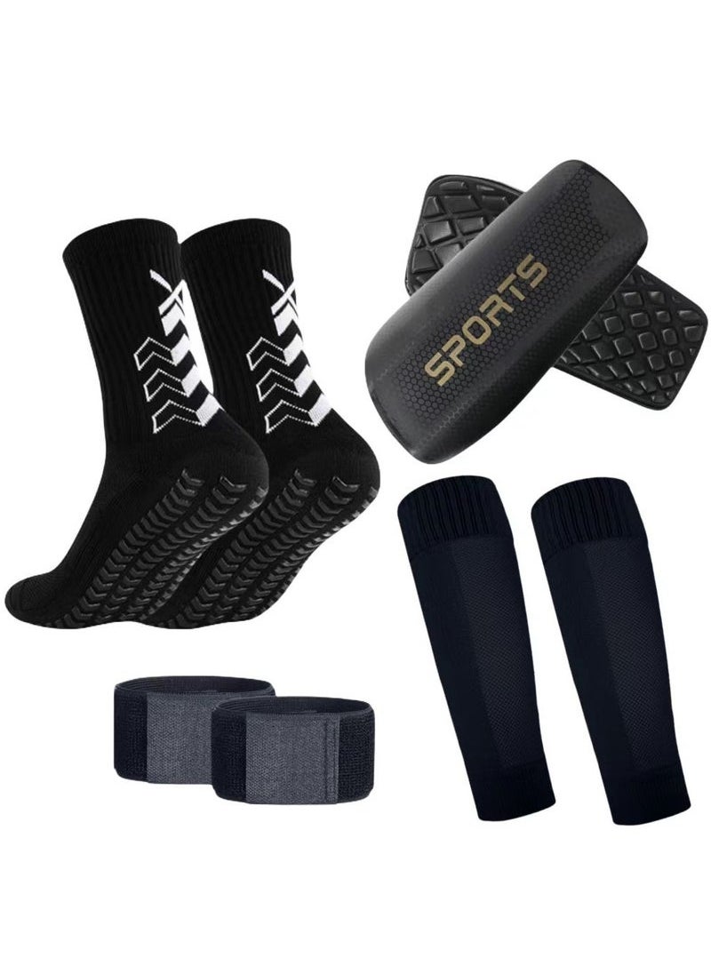 Four Piece Set Skidproof Soccer Socks Nylon Pocket Shin Guard Sleeves Calf Compression Socks For Soccer Football  Adjustable Shin Guard Straps(Black)