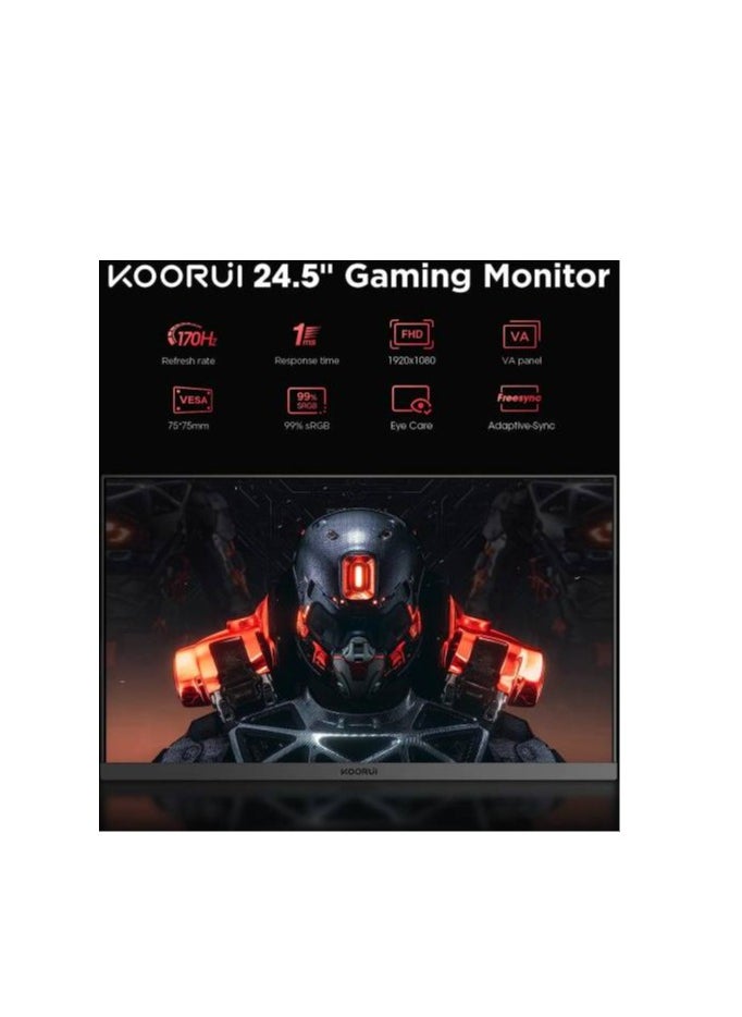 KOORUI 24.5 FHD 170Hz VA Gaming Monitor, 1ms Response Time, Rate, FreeSync & G-Sync Compatible, sRGB 99%, VESA Mountable, Tilt Adjustable, Eye Care, 2* HDMI / 1* DisplayPort, Black | 25E3A