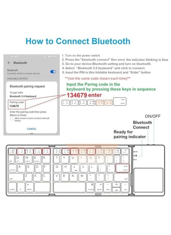 Foldable Bluetooth Keyboard, Rechargeable Portable Wireless Keyboard with Touchpad compatible with Iphone12 Pro Max,Tablet,iPad,SmartPhone,Smart TV,Android TV Box