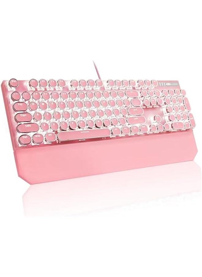 Typewriter Mechanical Gaming Keyboard, Retro Pink Punk Round Keycaps LED White Backlit Wired Keyboards with Detachable Wrist Rest for Game and Office, for Windows Laptop PC Mac - Blue Switches