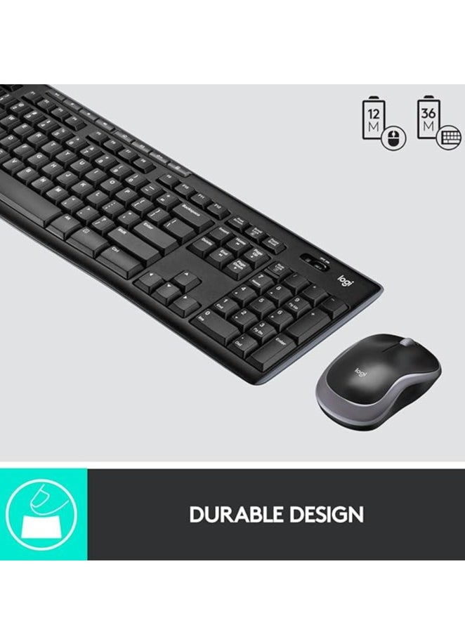 MK270 Wireless Combo Keyboard and Mouse, English Arabic Layout, Long Battery Life, 1000 DPI Resolution, Multimedia Keys, Compact Design Black