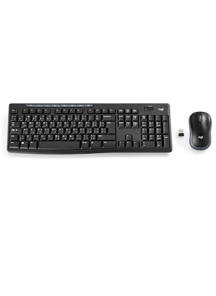 MK270 Wireless Combo Keyboard and Mouse, English Arabic Layout, Long Battery Life, 1000 DPI Resolution, Multimedia Keys, Compact Design Black