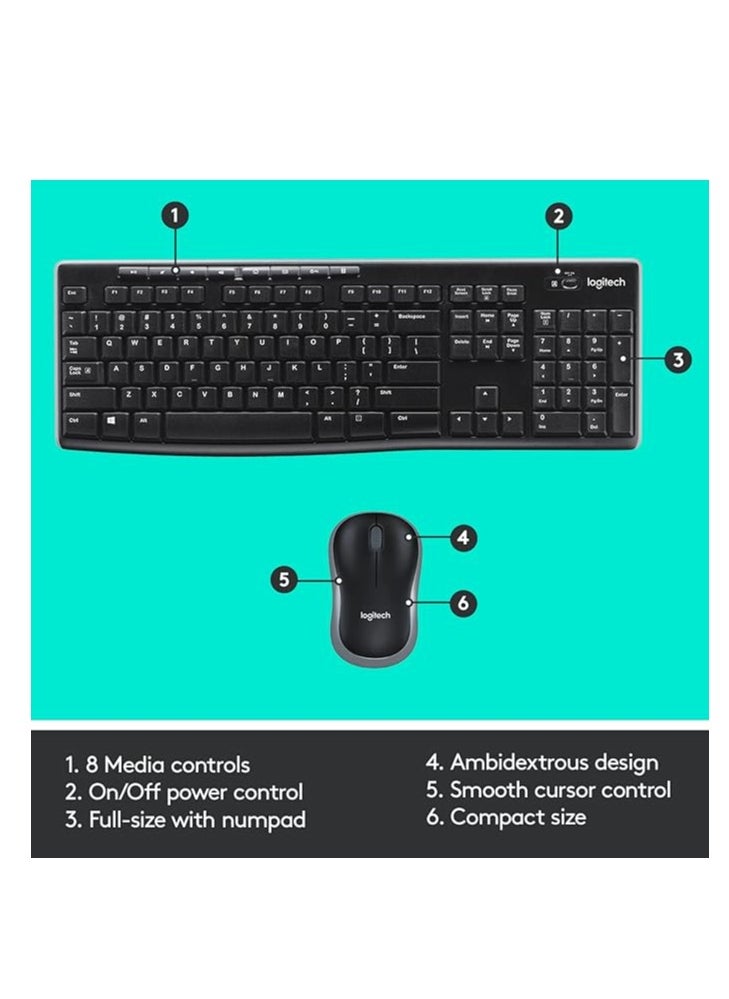 MK270 Wireless Combo Keyboard and Mouse, English Arabic Layout, Long Battery Life, 1000 DPI Resolution, Multimedia Keys, Compact Design Black