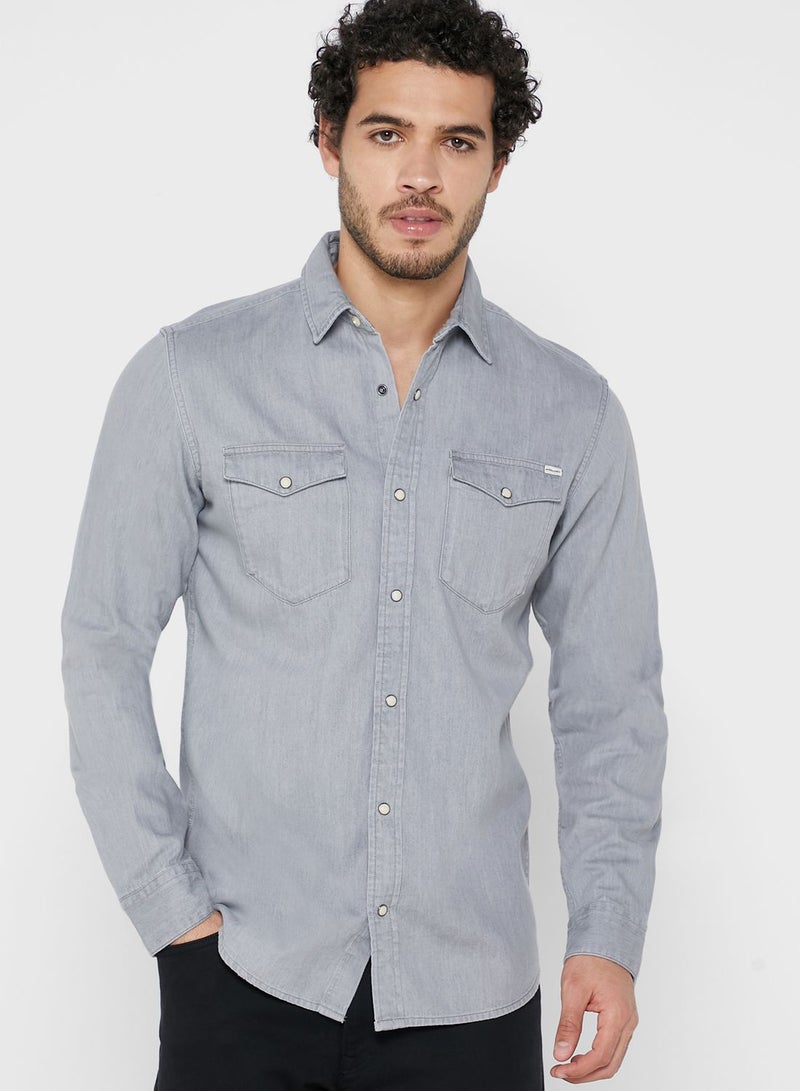 Solid Pattern Slim Fit Denim Shirt Grey