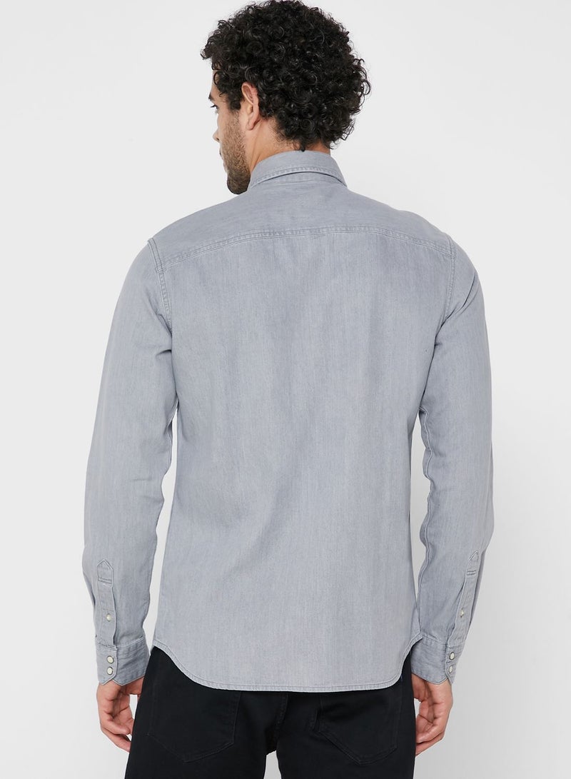 Solid Pattern Slim Fit Denim Shirt Grey