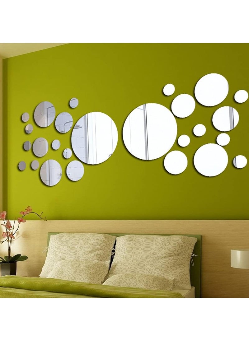 Pack of 32 Round Circle Mirrors DIY Silver Mirror Self-Adhesive Tiles Mirror Self-Adhesive TV Background Tile Mirror Wall Sticker