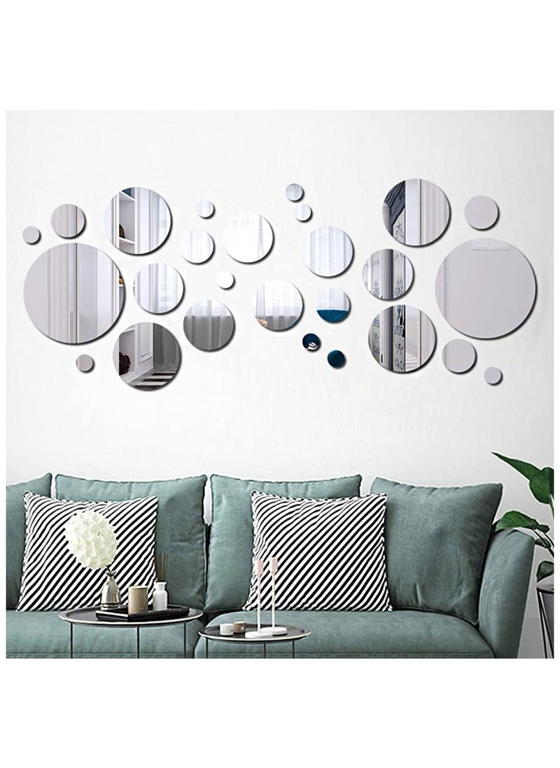 Pack of 32 Round Circle Mirrors DIY Silver Mirror Self-Adhesive Tiles Mirror Self-Adhesive TV Background Tile Mirror Wall Sticker