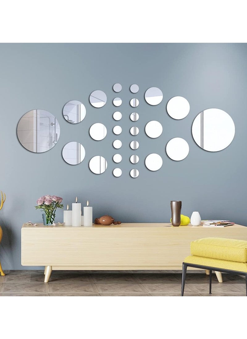 Pack of 32 Round Circle Mirrors DIY Silver Mirror Self-Adhesive Tiles Mirror Self-Adhesive TV Background Tile Mirror Wall Sticker