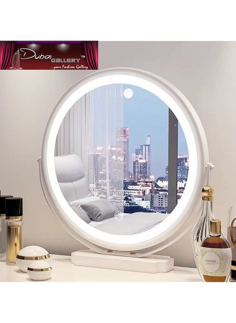 Vanity Makeup Mirror with Lights, 3 Color Lighting Dimmable LED Mirror, Touch Control, 360°Rotation, High-Definition Large Round Lighted Up Mirror for Bedroom Table Desk