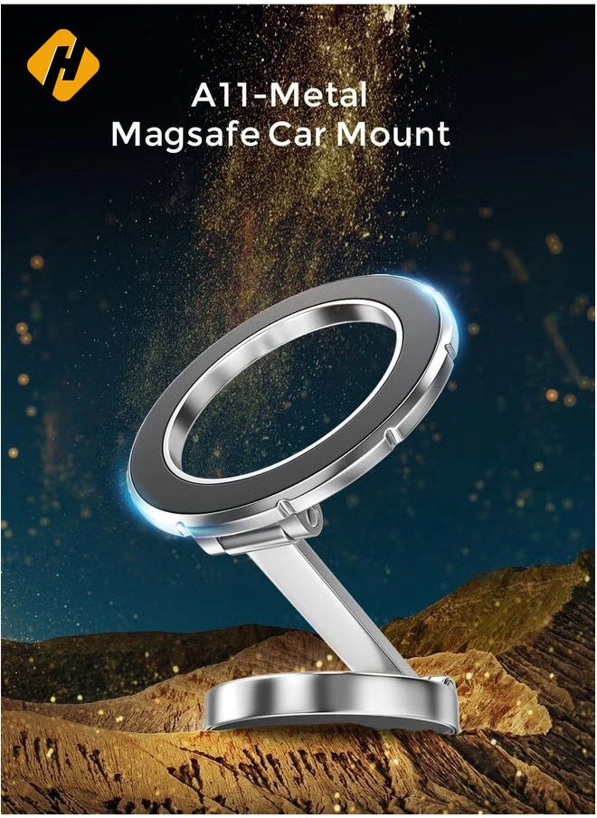 MagSafe Car Mount Phone Holder – 360° Rotation, Strong Magnetic Stand for Hands-Free Use – Compatible with iPhone 15, 14, 13, 12 Pro Max, Plus, Mini & MagSafe Cases (Silver)