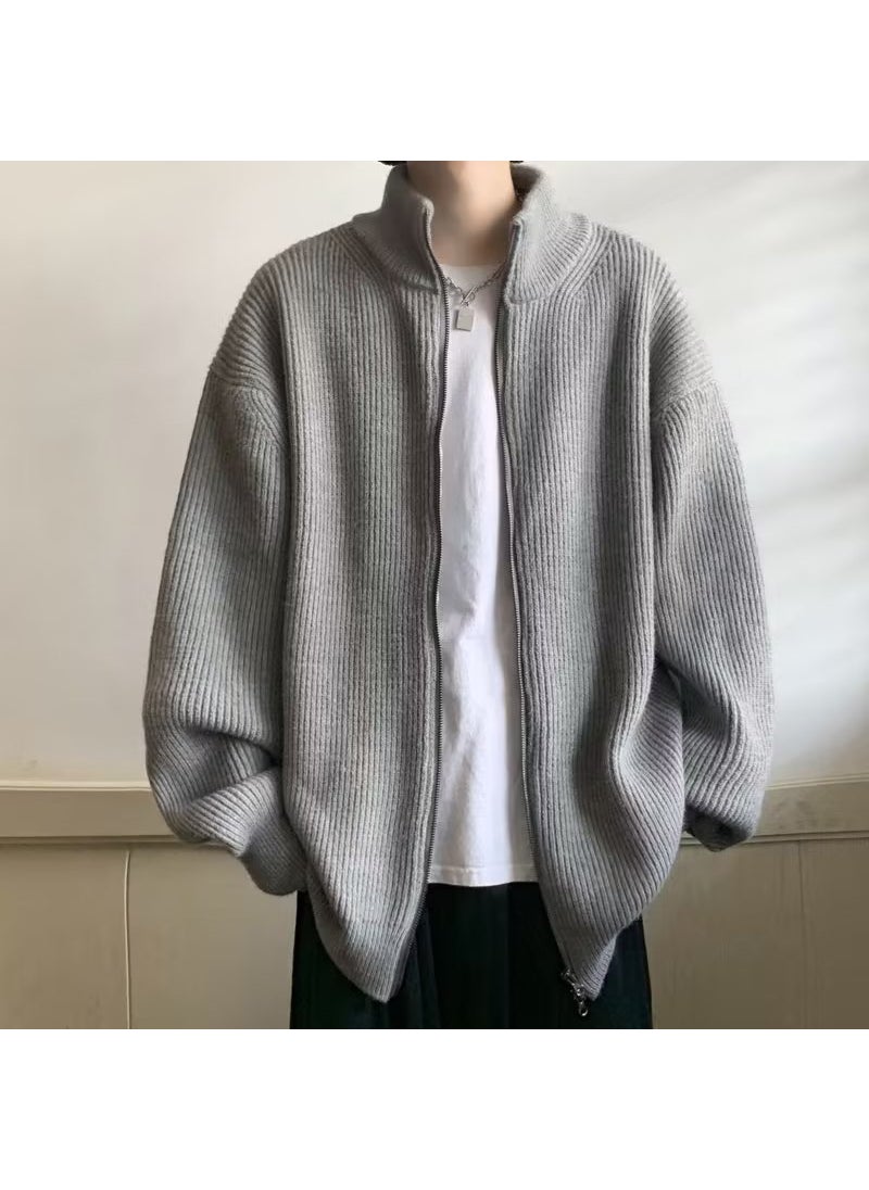 Mens Retro Knit Cardigan Oversize Autumn Winter Grey