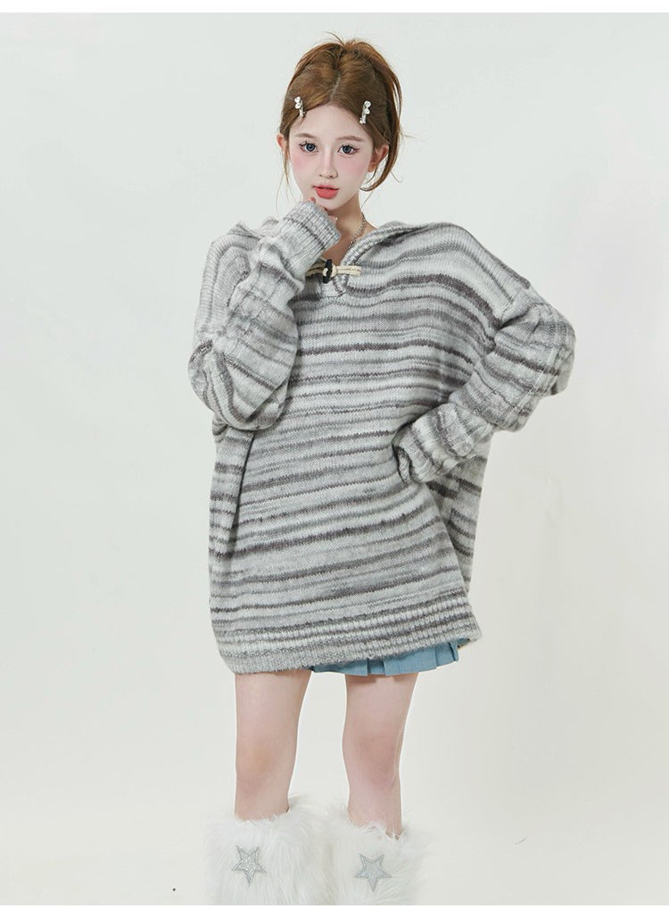 Vintage Stripe Hoodie Sweater 2023 Spring Autumn Casual Unisex Knitwear Gray