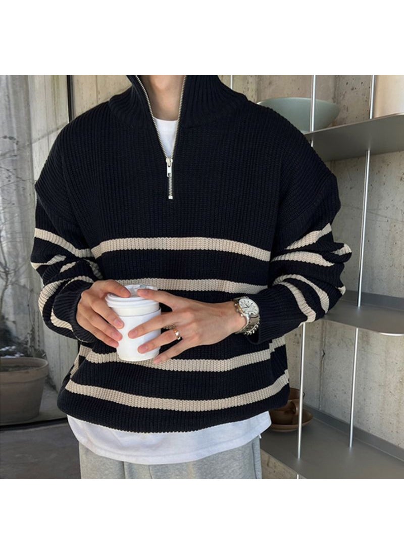 Mens Thick Striped Sweater Autumn Winter 2023 Loose Half-Zip Knitwear Black