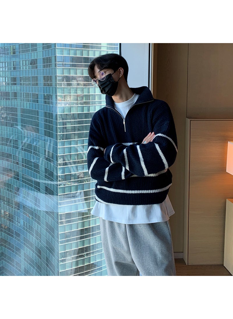 Japanese Collar Sweater Men Autumn Korean Trendy Striped Knitwear navy blue