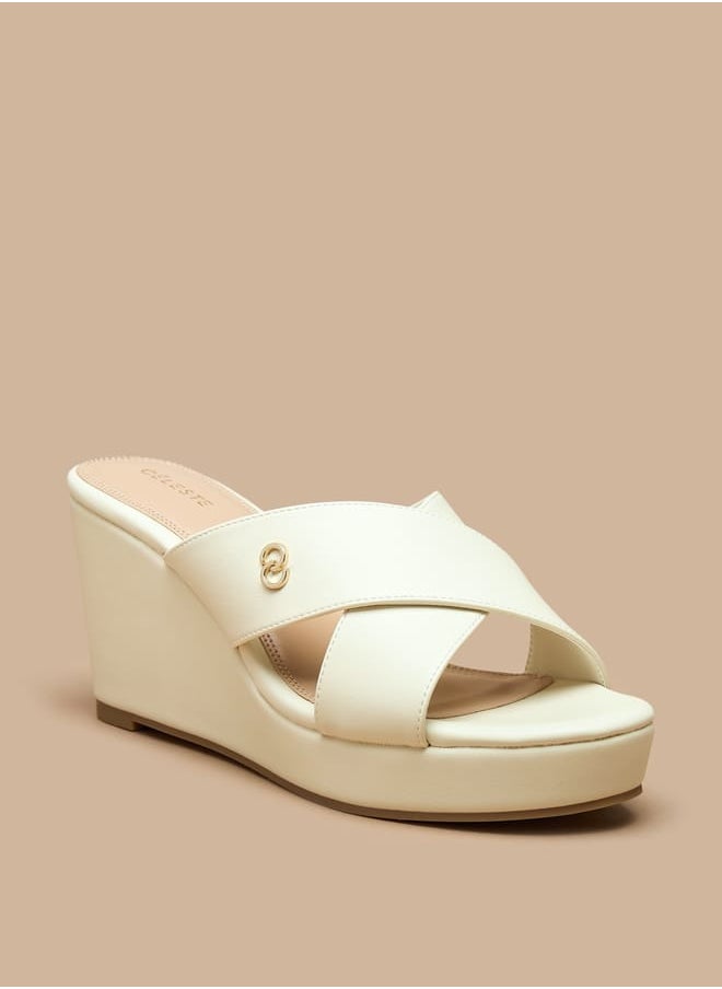 Women's Solid Slip-On Wedge Sandals with Cross Strap