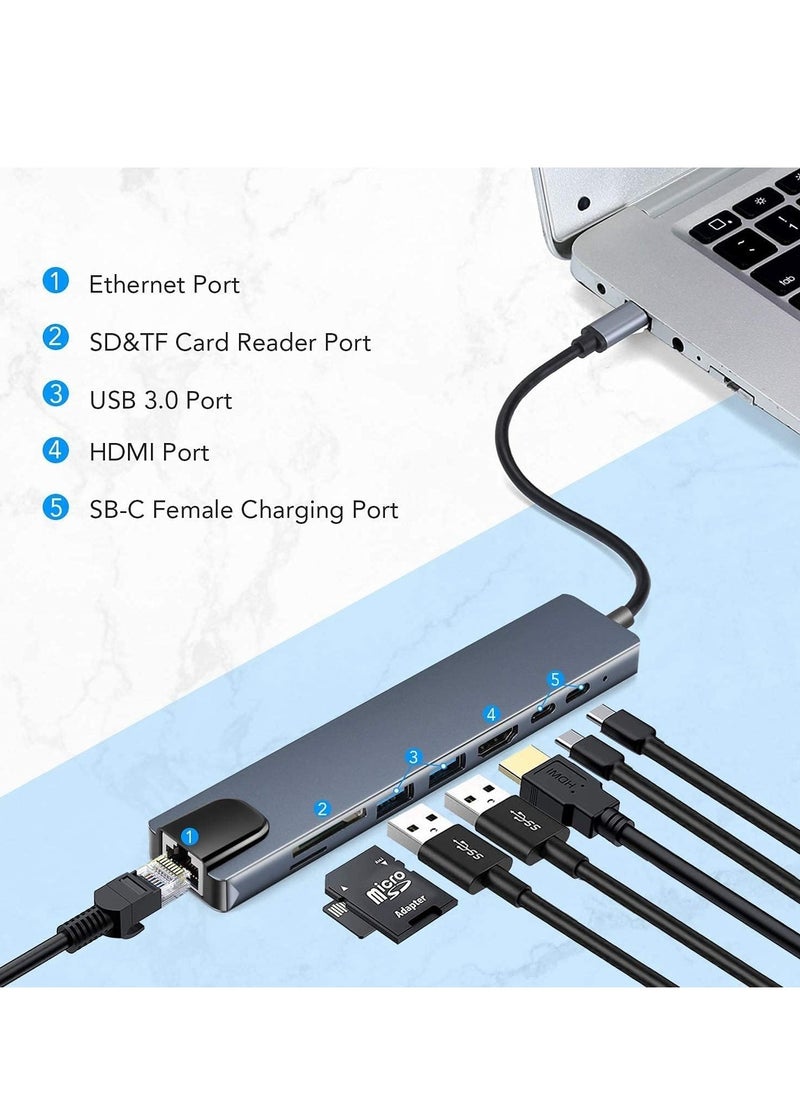 8-in-1 USB C Hub Multifunction Adapter – USB Docking Station for MacBook & Windows with 4K HDMI, USB 3.0, Ethernet, SD Card Reader, Power Delivery & More