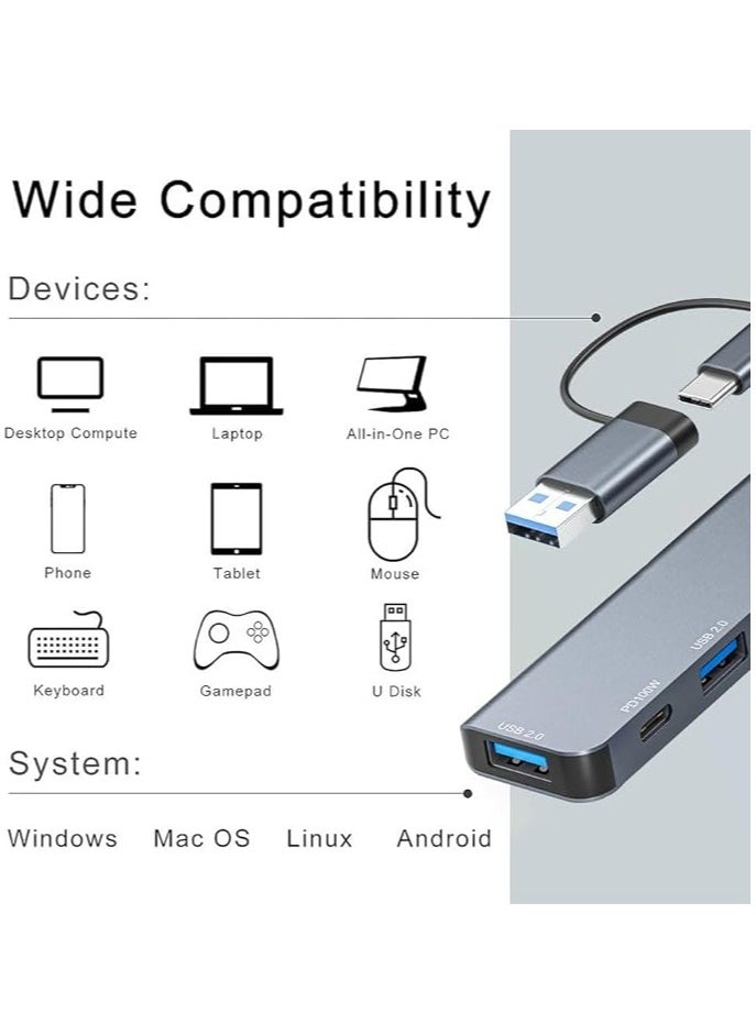 USB Hub,USB Splitter for Laptop,Multiport USB 3.0 Hub,Multi USB Port Expander,Type-c data transmission and power interface,Transfer 5 Port USB Hub Compatible with Windows,Mac,Printer,Mobile HDD