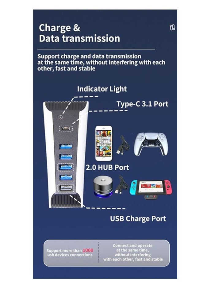 High-Speed 5-Port USB Hub for PS5 - Compatible with PlayStation 5 DualSense, Features 4 USB Ports, 1 USB Charging Port & 1 Type-C Port for Ultimate Gaming Expansion