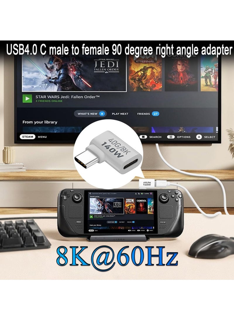 USB C Right Angle Adapter, PD 140W/8K@60Hz USB C Angle Adapter Extender, 4.0 C Male to Female Right Angle Connector, Al Alloy Hull, for Phone Tablet Steam Deck, 2Pcs (Side Bend)