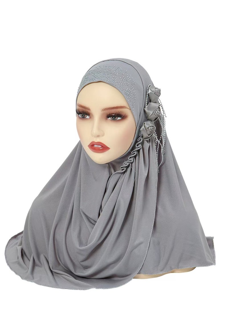 Fashion Chiffon  Flower Crystal Hijab - Grey