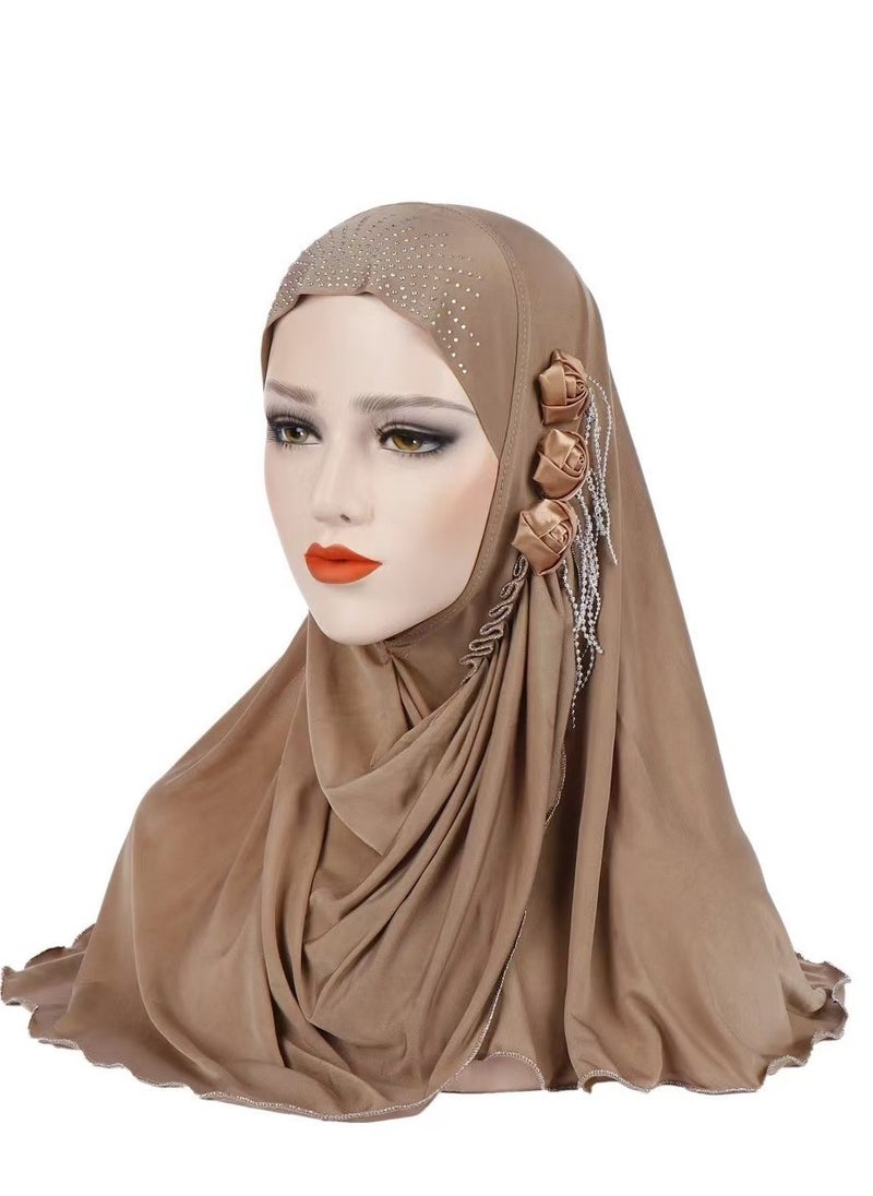 Fashion Chiffon  Flower Crystal Hijab - Khaki