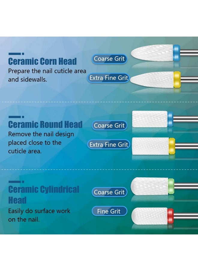 10Pcs Ceramic Nail Drill Bits Set, 3/32 Inch Professional Drill Bits For Nails Cuticle Remover For Acrylic Electric Manicure Pedicure Nail File Machine