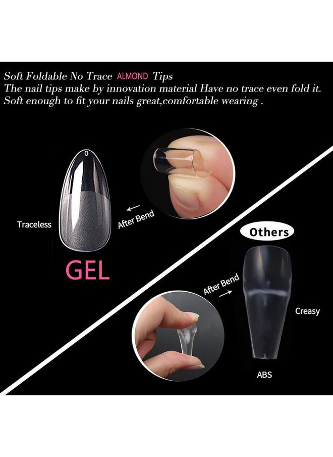 Almond Gel X Nail Tips, 504Pcs Pre Etched Clear Fake Nails Tips Medium Almond Shape - 12 Sizes Full Cover Soft Acrylic Press On Nail Extensions No C Curve Gift For Diy At Home