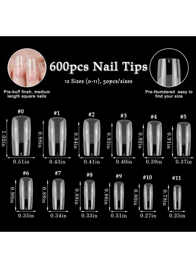 600Pcs Square Nail Tips, Medium Square Gel X Nail Tips Clear Fake Nails Full Cover Acrylic Nail Tips For Extension Nail Manicure Salon Home Diy