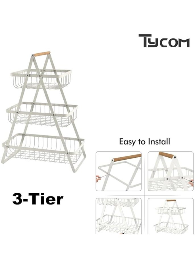 Fruit Basket for Kitchen Countertop,2-Tier Portable Metal Wire Storage Rack with Wooden Handle,Detachable Rectangle Basket for Kitchen Organizer Storage Bread, Snacks, Fruits, 3 Layer White.