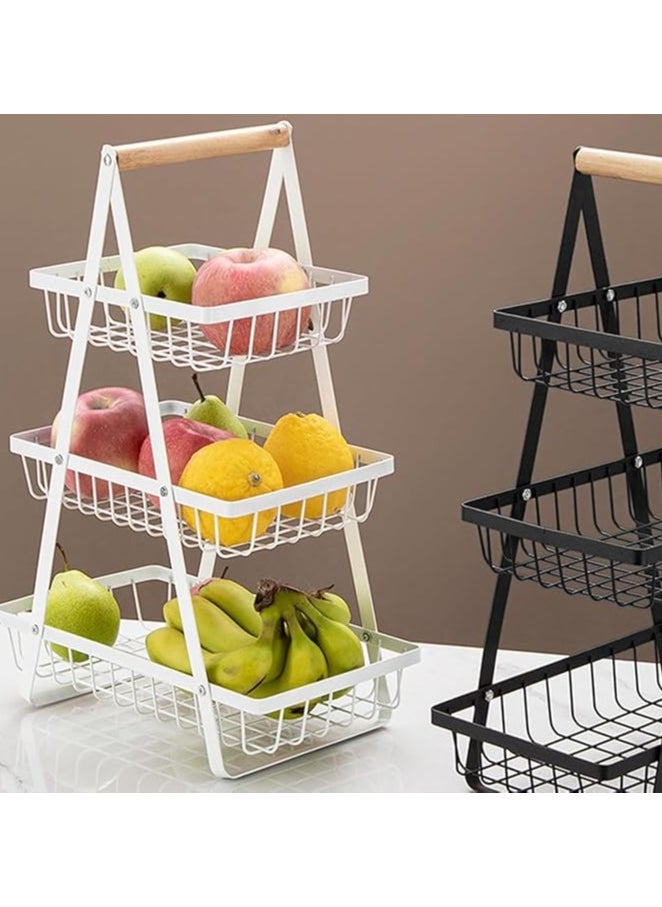 Fruit Basket for Kitchen Countertop,2-Tier Portable Metal Wire Storage Rack with Wooden Handle,Detachable Rectangle Basket for Kitchen Organizer Storage Bread, Snacks, Fruits, 3 Layer White.