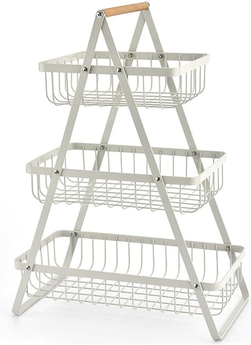 Fruit Basket for Kitchen Countertop,2-Tier Portable Metal Wire Storage Rack with Wooden Handle,Detachable Rectangle Basket for Kitchen Organizer Storage Bread, Snacks, Fruits, 3 Layer White.