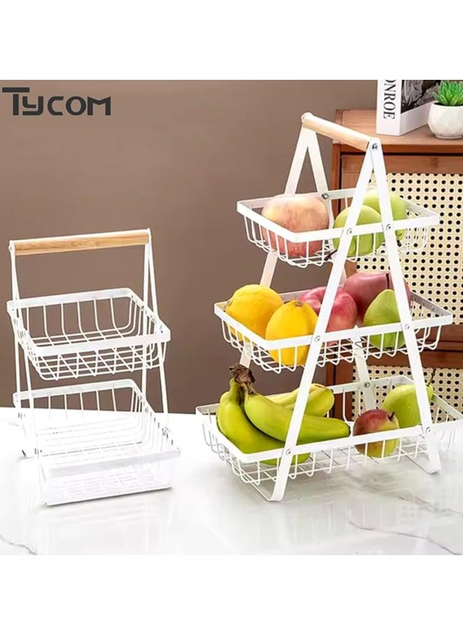 Fruit Basket for Kitchen Countertop,2-Tier Portable Metal Wire Storage Rack with Wooden Handle,Detachable Rectangle Basket for Kitchen Organizer Storage Bread, Snacks, Fruits, 3 Layer White.